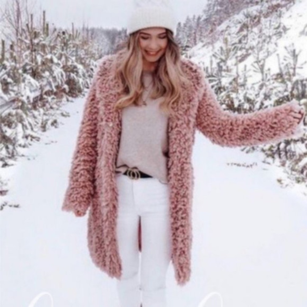 Oversized Pink fuzzy teddy jacket Trench coat Comfy - Picture 1 of 6